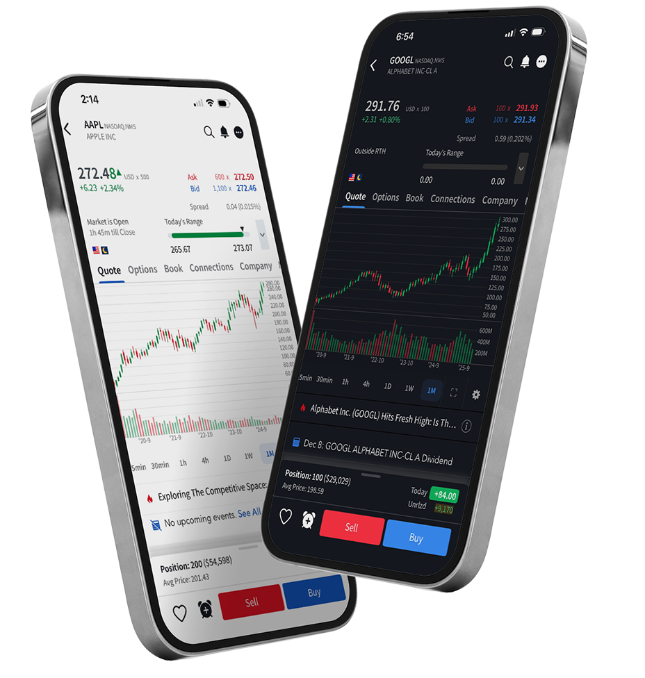 Smartphone interfaces depicting typical and overnight trading
