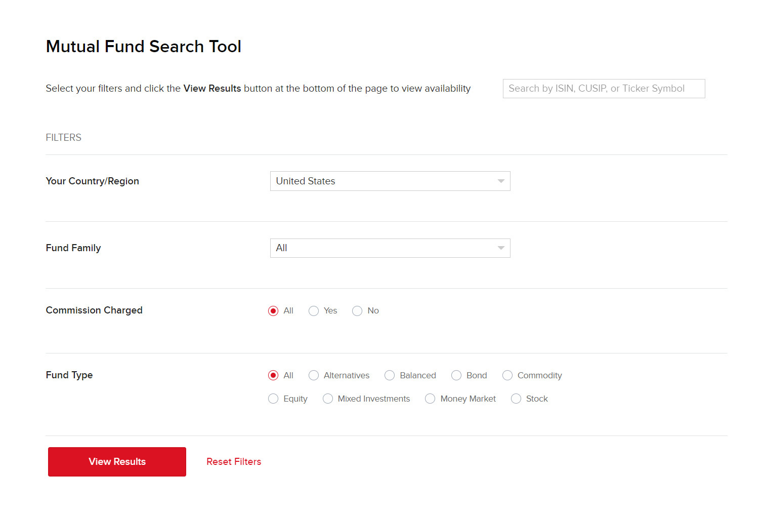 Mutual fund search filters